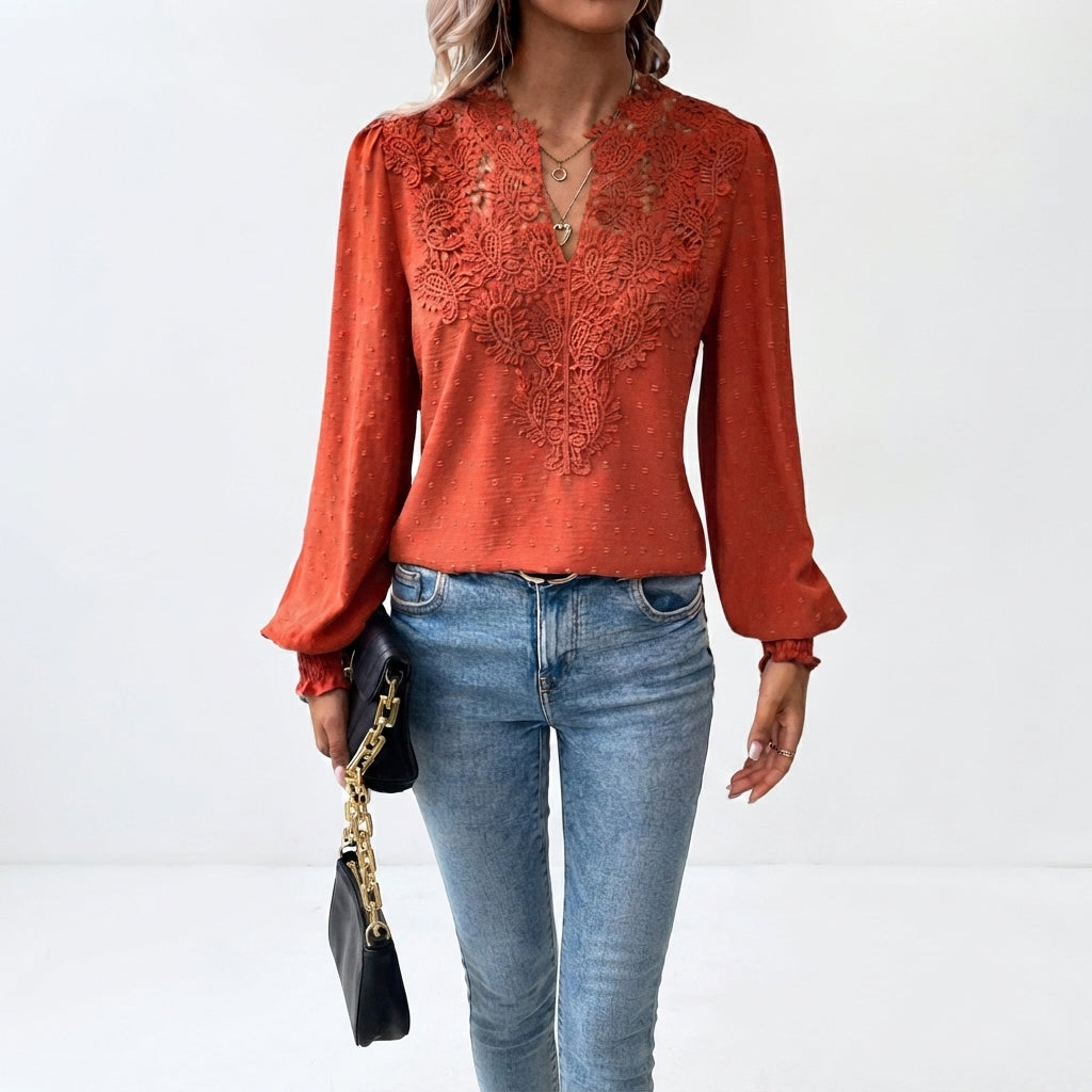 Women's Blouse with V-Neck, Long Sleeves, and Floral Detail
