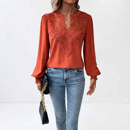Women's Blouse with V-Neck, Long Sleeves, and Floral Detail