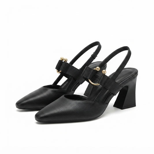 Women's Slingback Mary Jane Heels with Block Heel and Pointed Toe