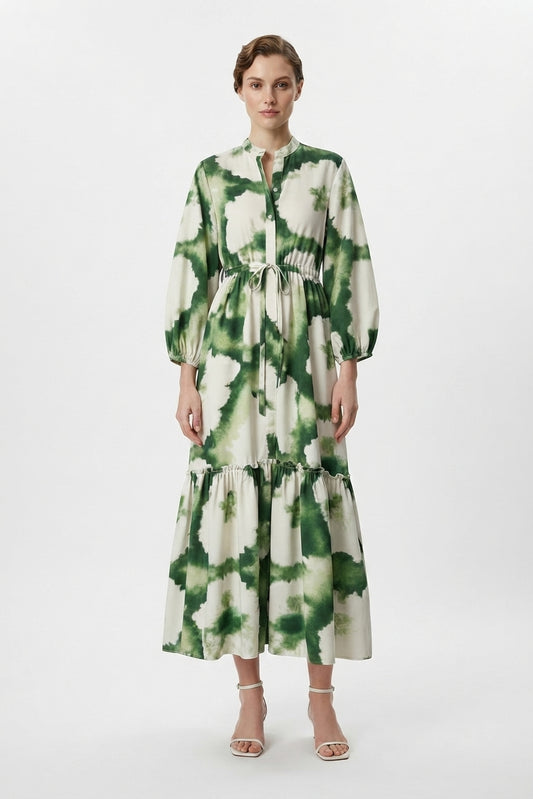 Women's Maxi Dress with Long Sleeves, Print, and V-Neck