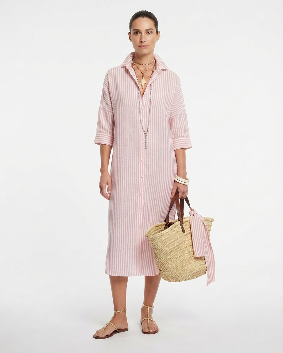 Women's Striped Midi Shirt Dress with Button Closure