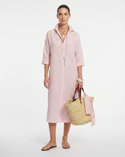 Women's Striped Midi Shirt Dress with Button Closure