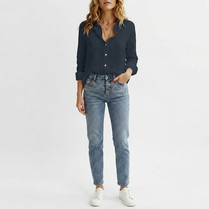 Women's Linen Blouse with V-Neck and Button Closure