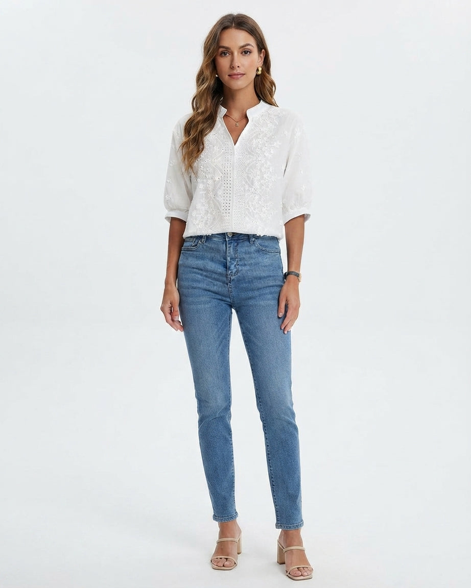 Women's V-Neck Blouse with Embroidery