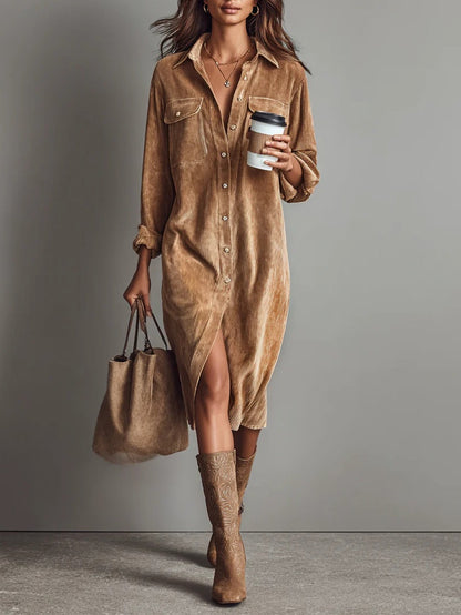 Women's Midi Dress with Front Button Closure and Long Sleeves