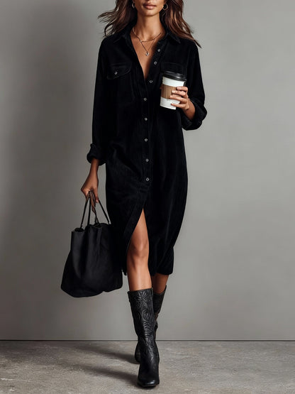 Women's Midi Dress with Front Button Closure and Long Sleeves