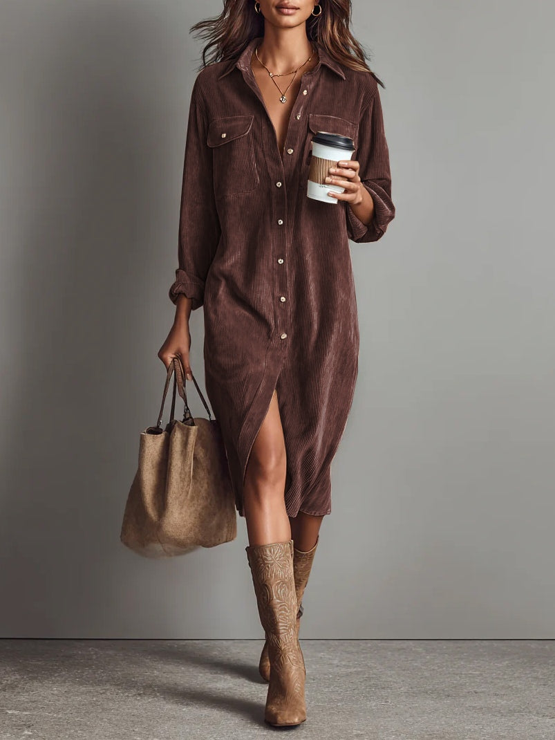 Women's Midi Dress with Front Button Closure and Long Sleeves