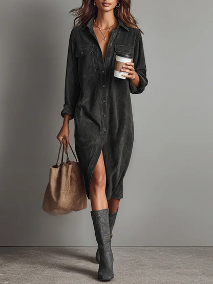 Women's Midi Dress with Front Button Closure and Long Sleeves