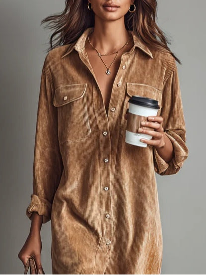 Women's Midi Dress with Front Button Closure and Long Sleeves
