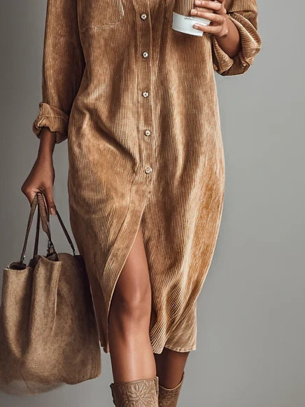Women's Midi Dress with Front Button Closure and Long Sleeves