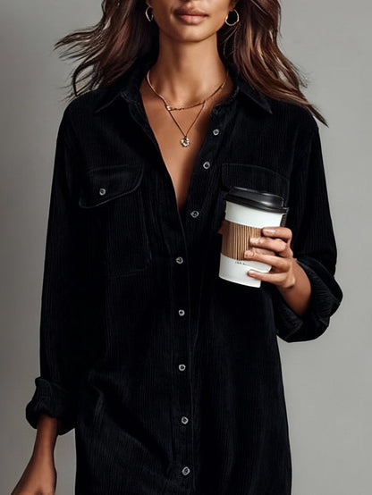 Women's Midi Dress with Front Button Closure and Long Sleeves