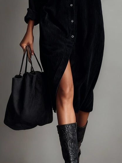 Women's Midi Dress with Front Button Closure and Long Sleeves