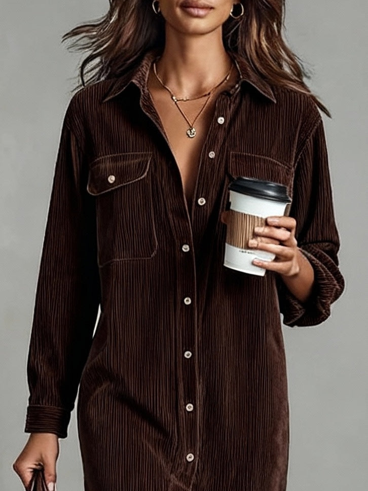Women's Midi Dress with Front Button Closure and Long Sleeves