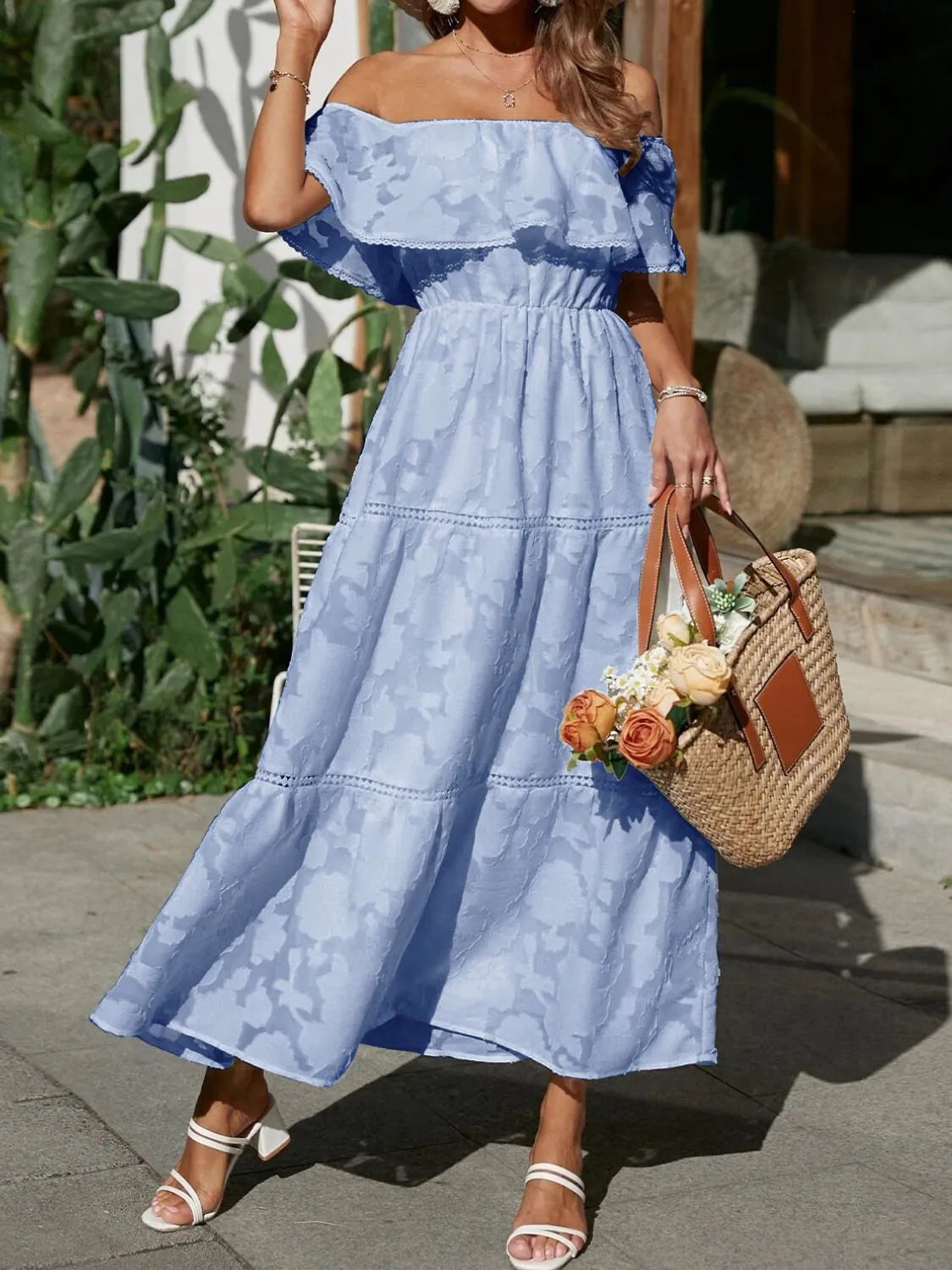 Women's Off Shoulder Layered Maxi Dress for Wedding Guests