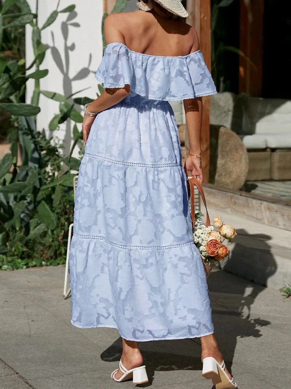 Women's Off Shoulder Layered Maxi Dress for Wedding Guests