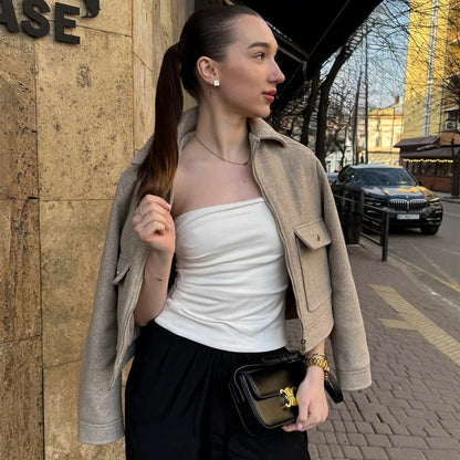 Women's Cropped Bomber Jacket with Zipper
