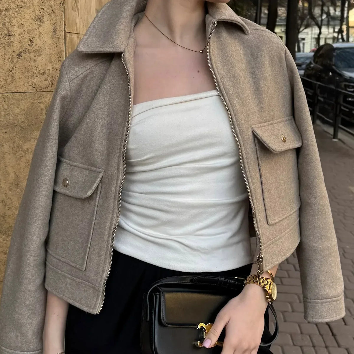 Women's Cropped Bomber Jacket with Zipper