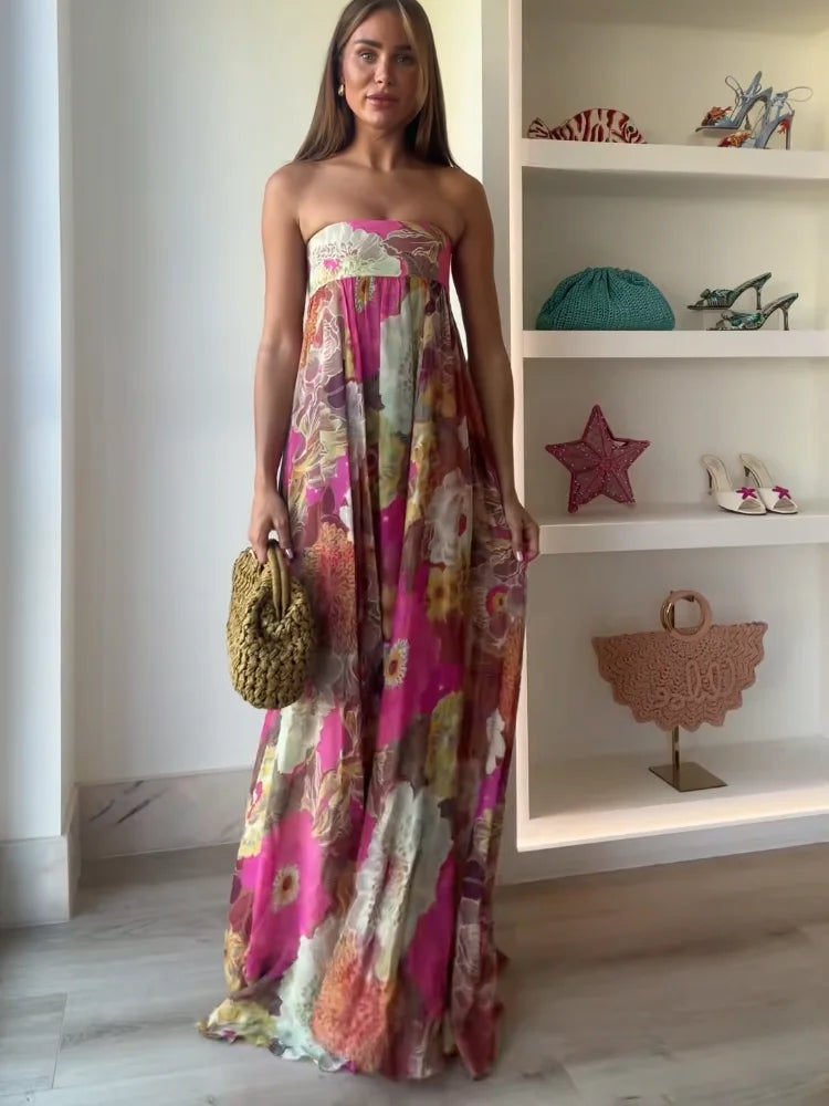 Women's Strapless Floral Maxi Dress for Wedding Guests