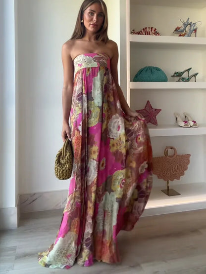 Women's Strapless Floral Maxi Dress for Wedding Guests