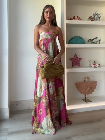 Women's Strapless Floral Maxi Dress for Wedding Guests