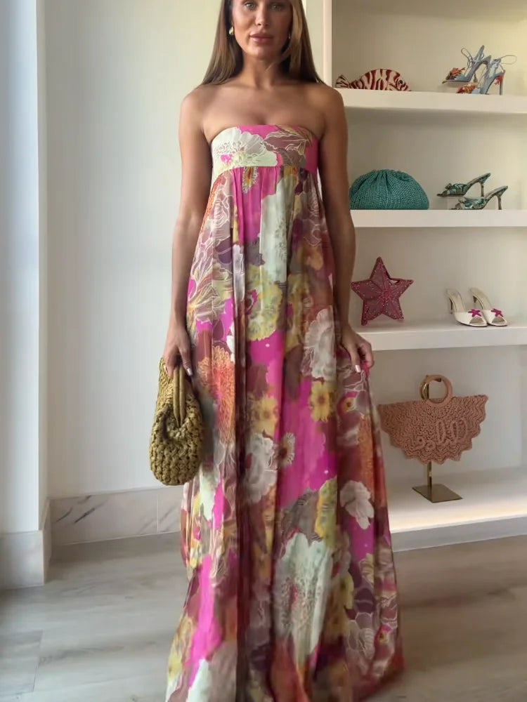 Women's Strapless Floral Maxi Dress for Wedding Guests