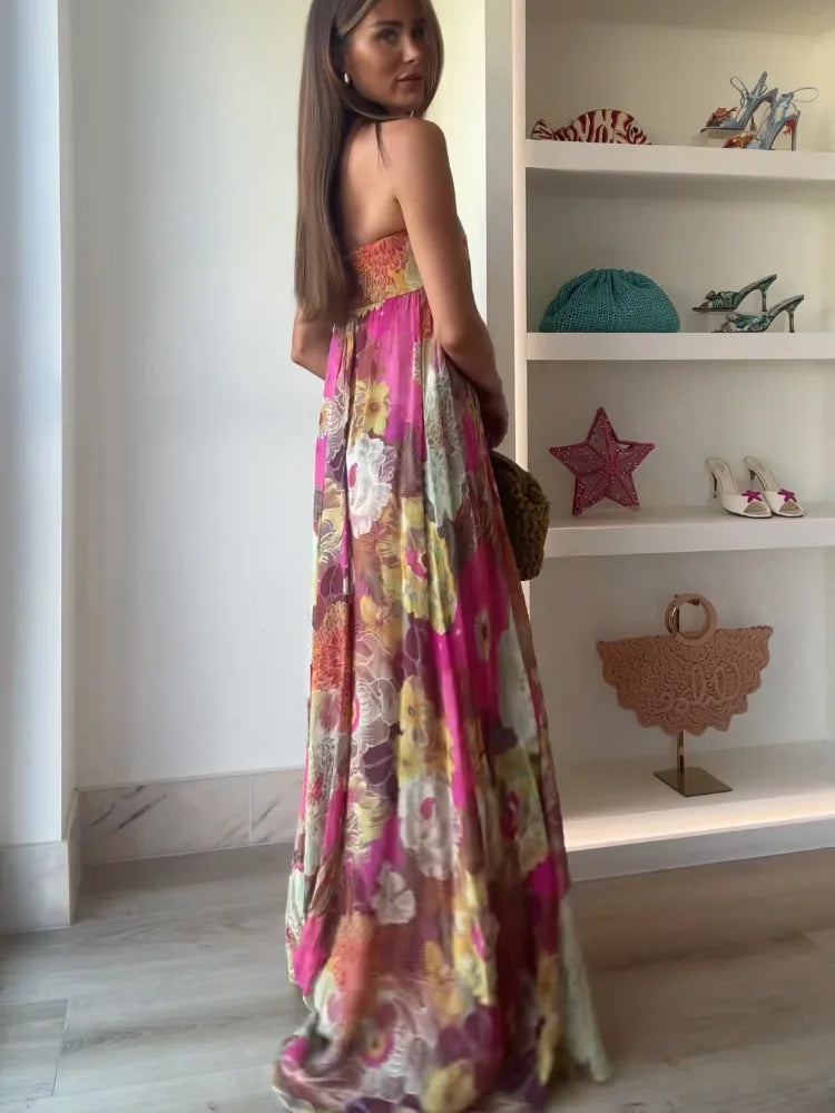 Women's Strapless Floral Maxi Dress for Wedding Guests