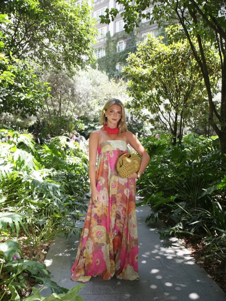 Women's Strapless Floral Maxi Dress for Wedding Guests