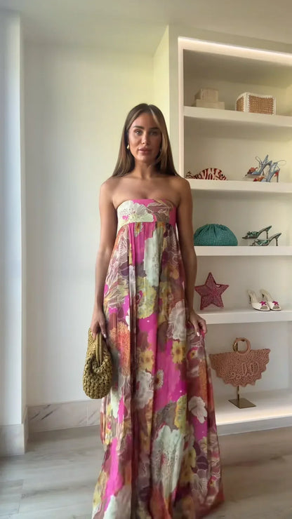 Women's Strapless Floral Maxi Dress for Wedding Guests