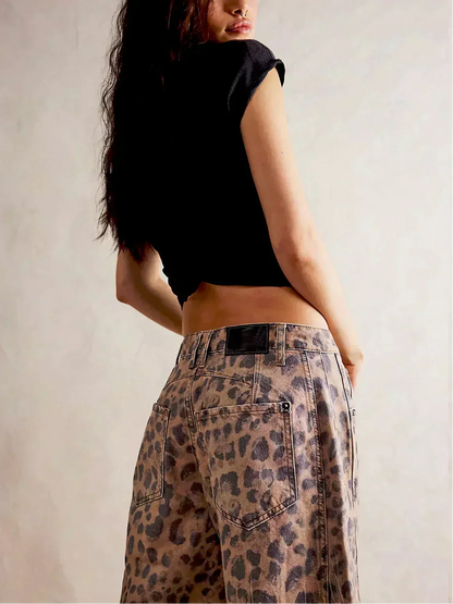 Women's Leopard Print Jeans with Wide Legs