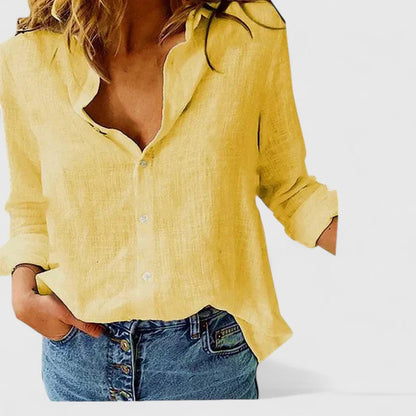 Women's Linen Blouse with V-Neck and Button Closure
